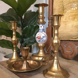 Vintage Brass and Porcelain Candlestick Set